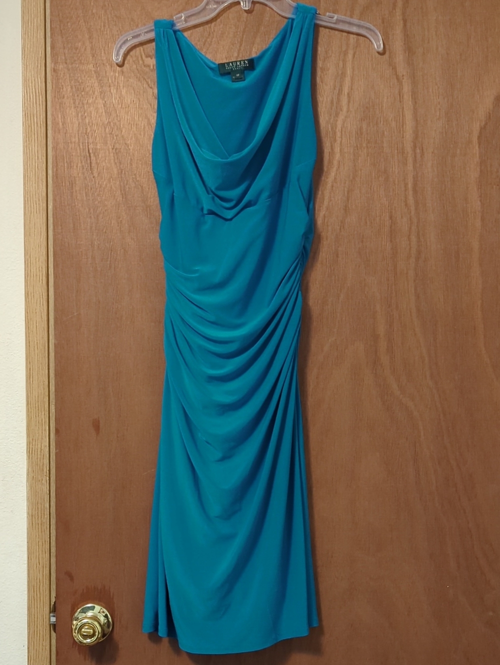 Lauren Ralph Lauren Teal Cowl Neck Ruched Midi Dress
